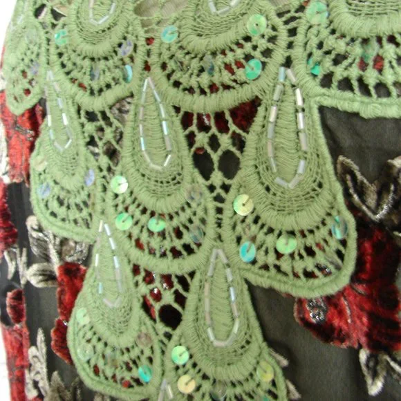 Floral Velvet Burn Out Burgundy Green Lace Dress L - Picture 5 of 16